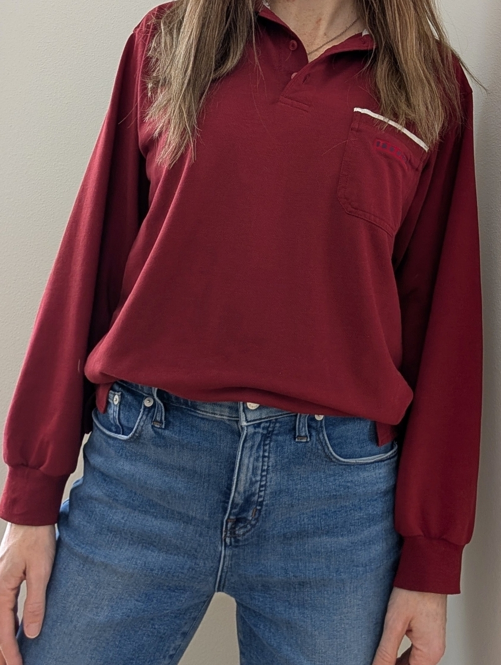 Vintage 90's Varsity Striped Collared Long-Sleeve Polo Shirt in Burgundy